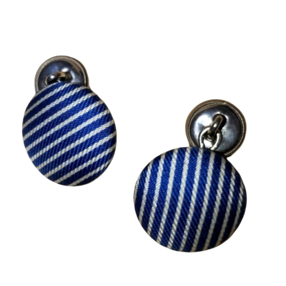 Blue & White Striped Newsboy Cufflinks Round Double Button Fabric